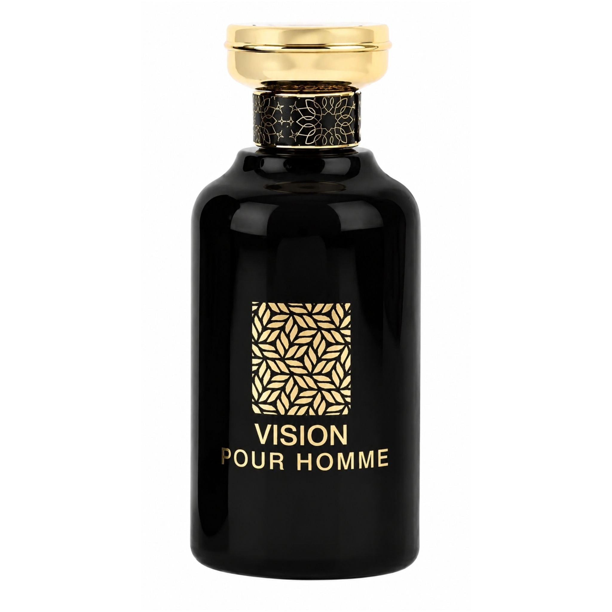 Black perfume bottle with gold cap and 'Vision Pour Homme' text on a white background