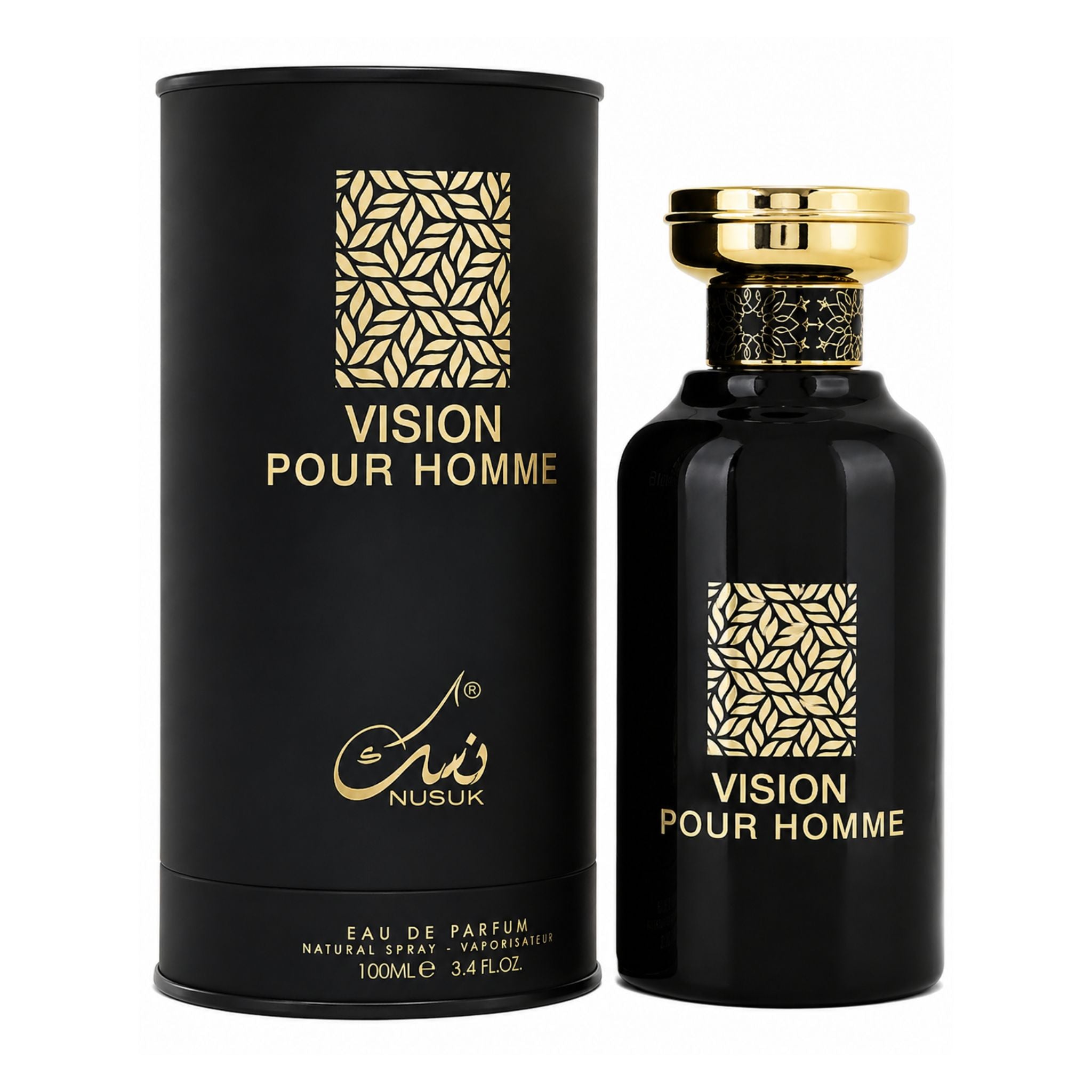 Black and gold 'Vision Pour Homme' perfume bottle and packaging on a white background