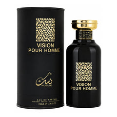 Black and gold 'Vision Pour Homme' perfume bottle and packaging on a white background