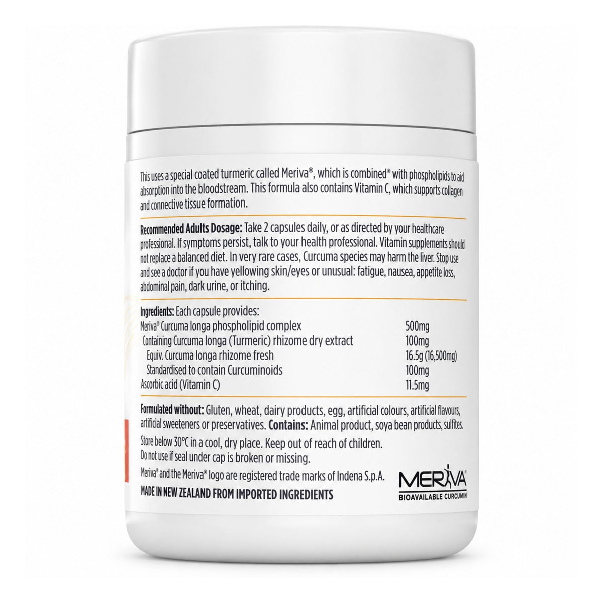 A white cylindrical supplement bottle with a white cap, showing the back label of Meriva Curcuma Longa capsules. The label contains black text detailing dosage, ingredients, and warnings, with the Meriva logo at the bottom right.