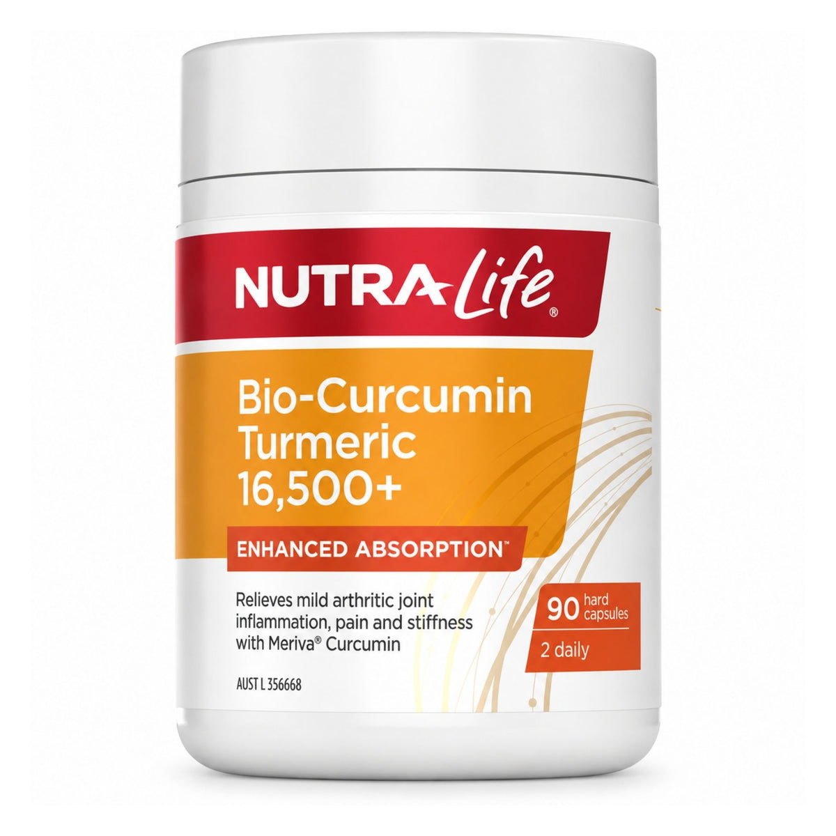 A white plastic bottle of Nutra-Life Bio-Curcumin Turmeric 16,500+ capsules, featuring a white, orange, and red label on a clean white background.