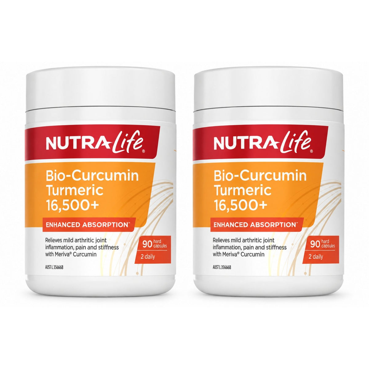Two white plastic bottles of NUTRA-Life Bio-Curcumin Turmeric 16,500+ supplement side by side on a white background.