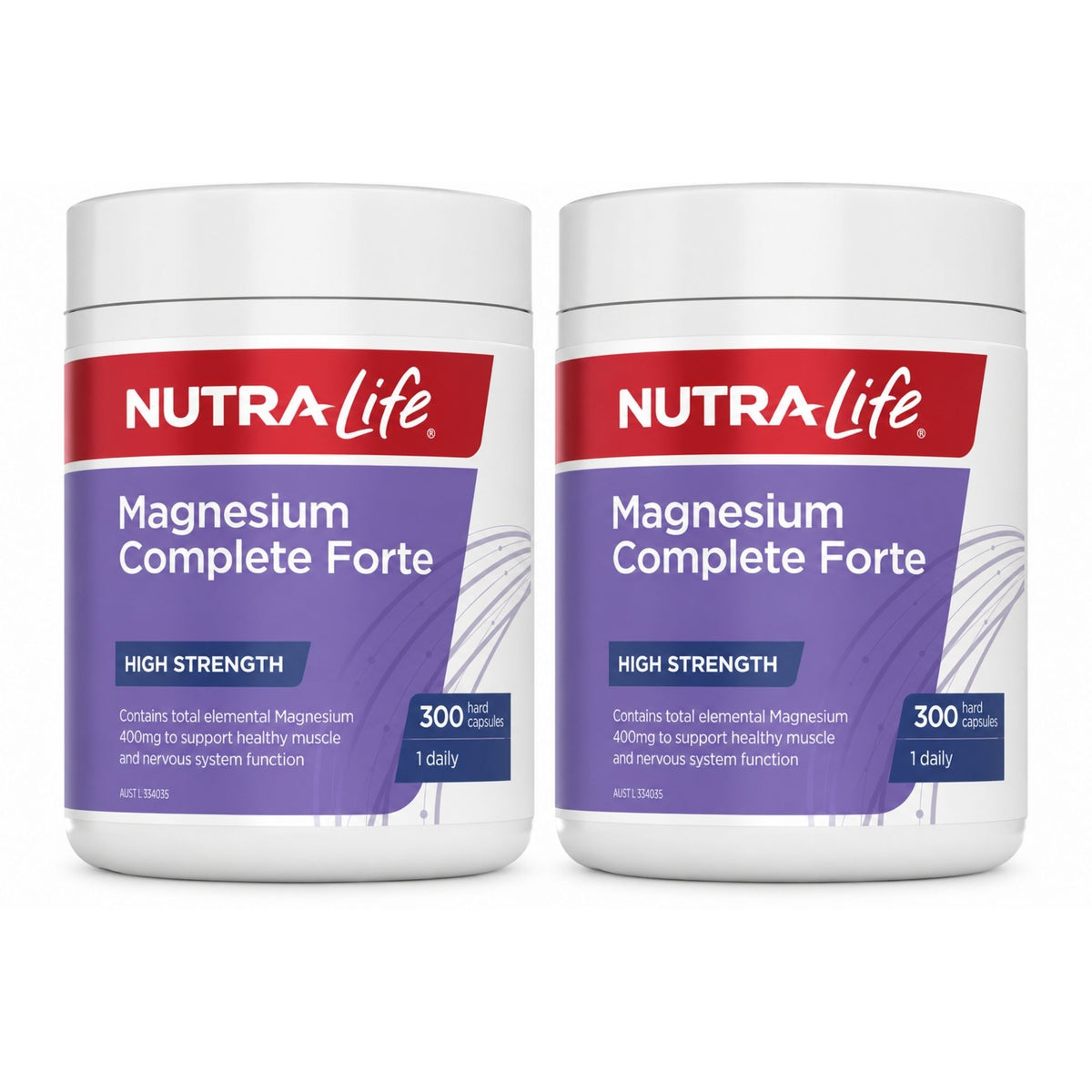 Two white tubs of Nutra-Life Magnesium Complete Forte dietary supplement capsules shown side by side on a white background.