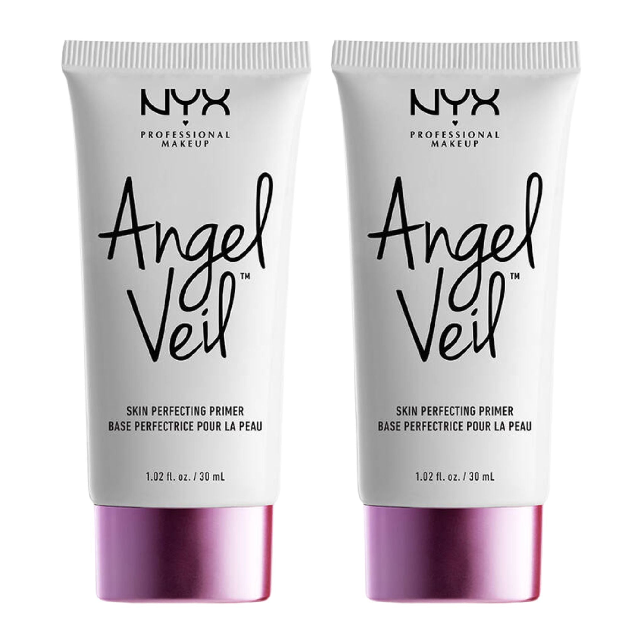 Two bottles of NYX Angel Veil skin perfecting primer on a white background