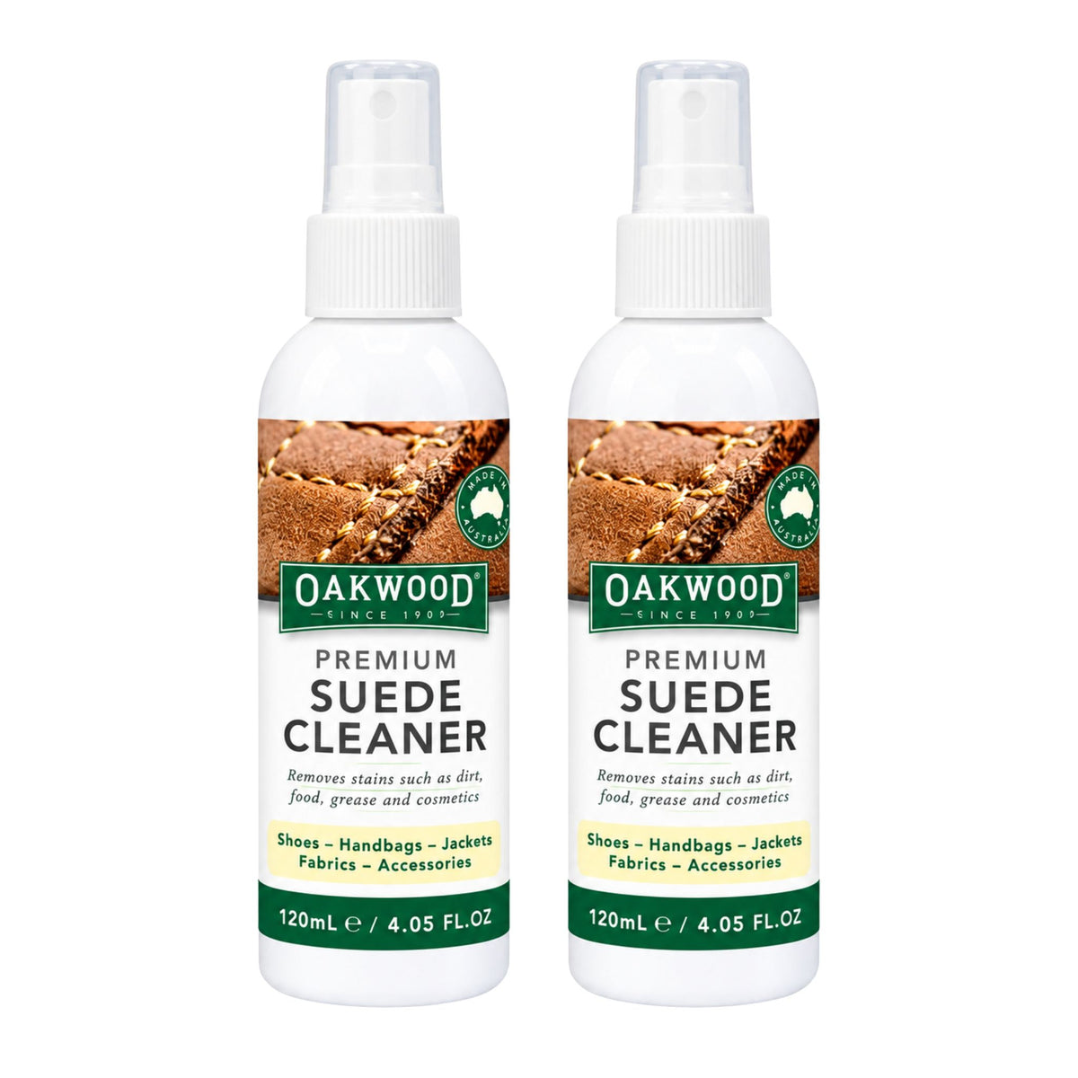 Two bottles of Oakwood Premium Suede Cleaner Spray 120mL side by side