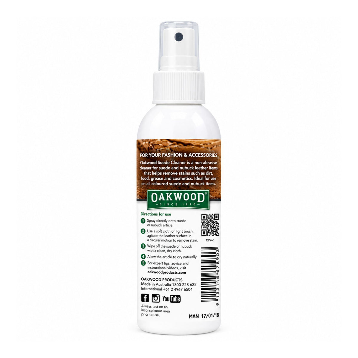 Oakwood Premium Suede Cleaner Spray 120mL rear packaging details