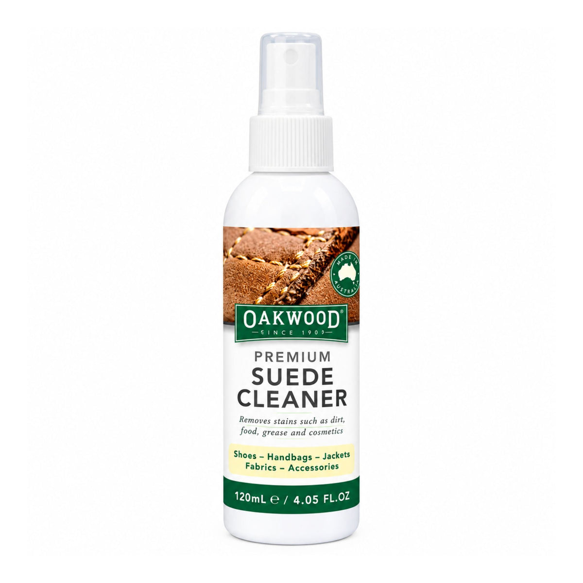 Oakwood Premium Suede Cleaner Spray 120mL front packaging view