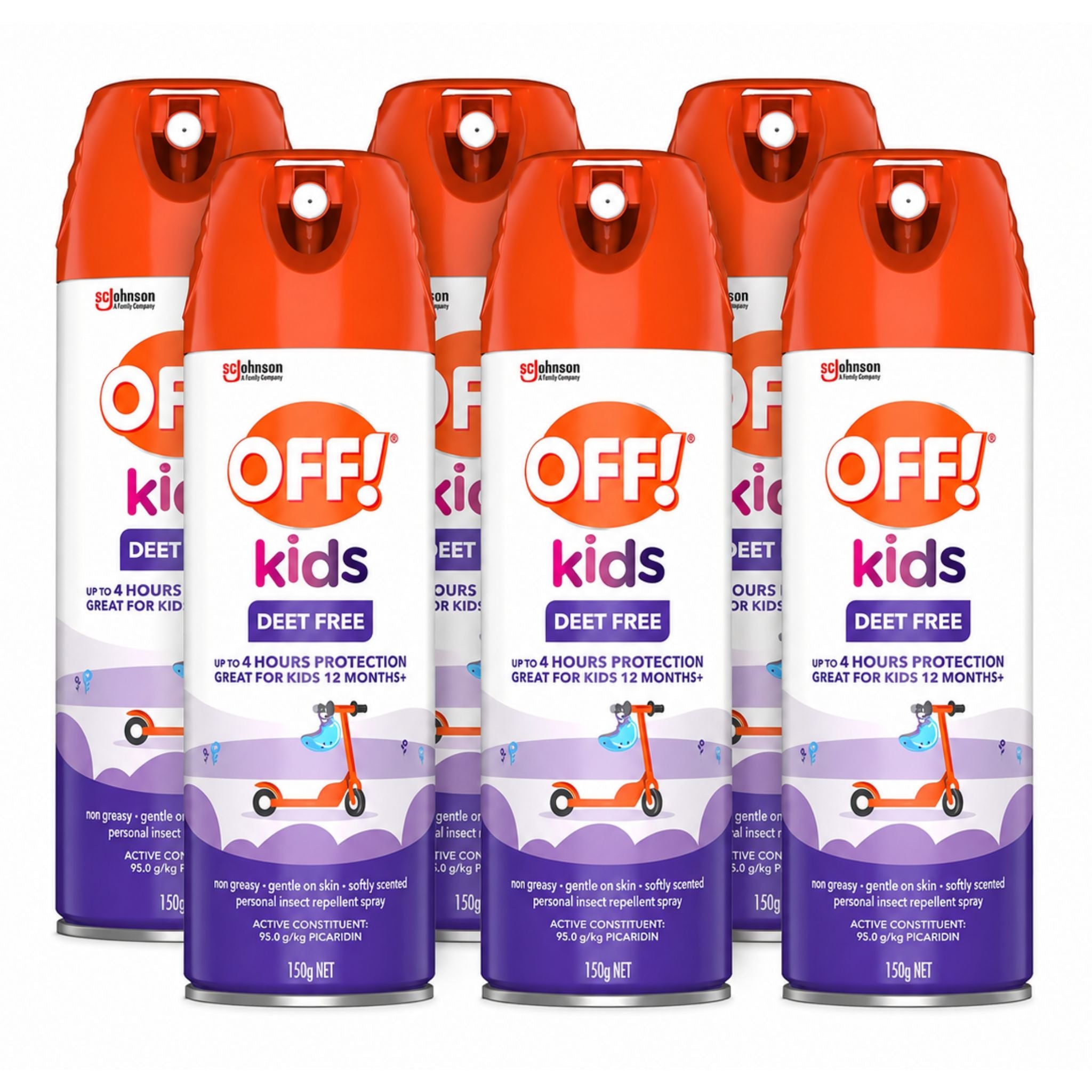 Multiple bottles of OFF! Kids DEET-Free insect repellent on a white background