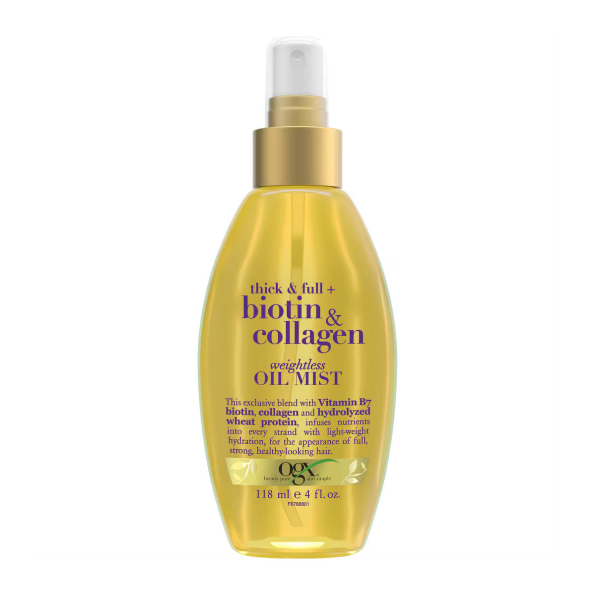 Yellow bottle of OGX thick & full + biotin & collagen weightless oil mist on a white background