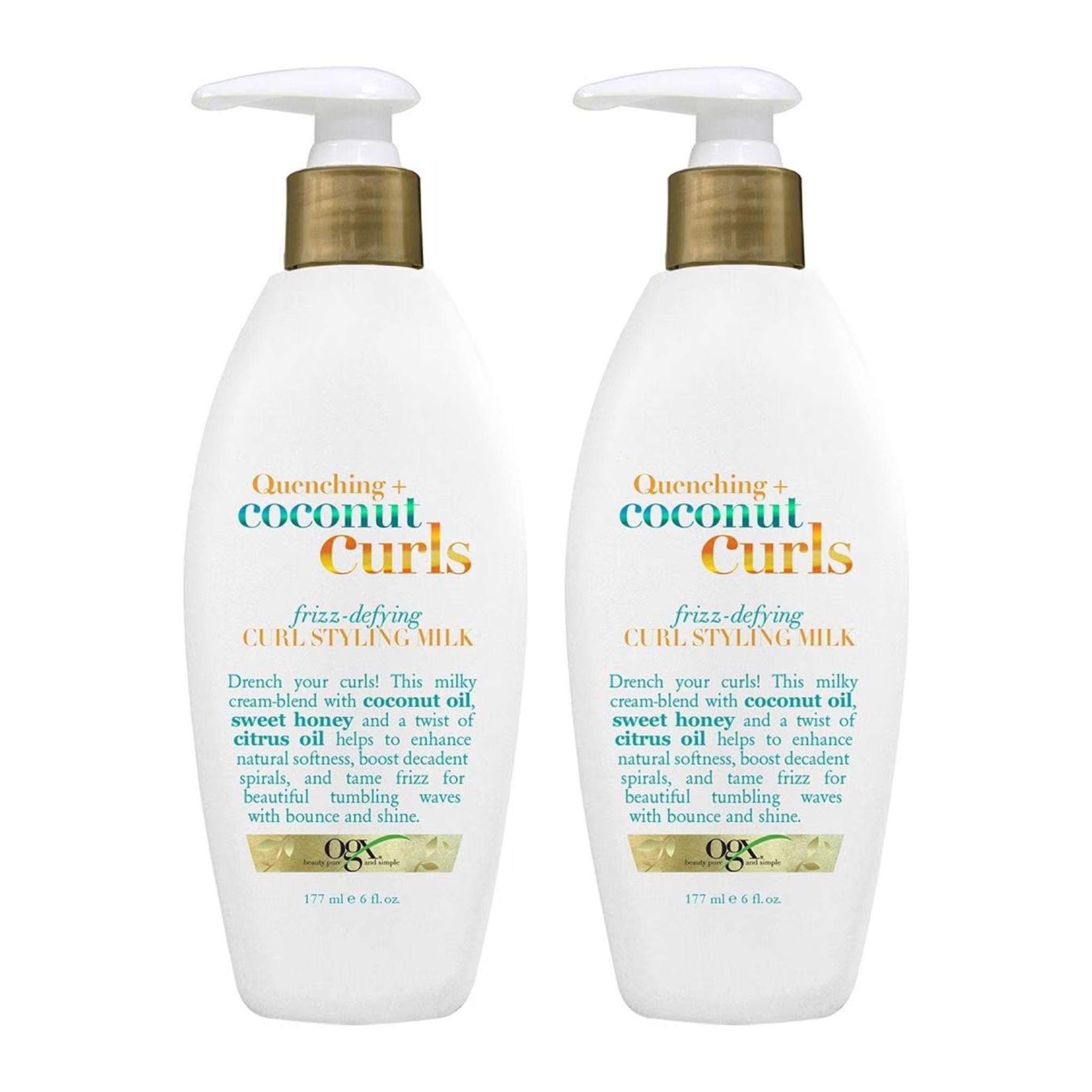 Two bottles of OGX Quenching Coconut Curls Curl Styling Milk on a white background
