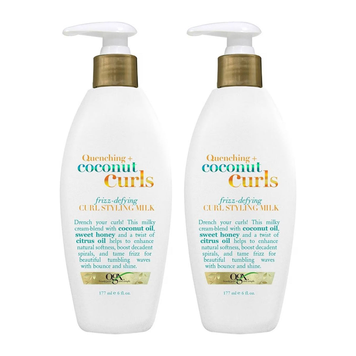 Two bottles of OGX Quenching Coconut Curls Curl Styling Milk on a white background