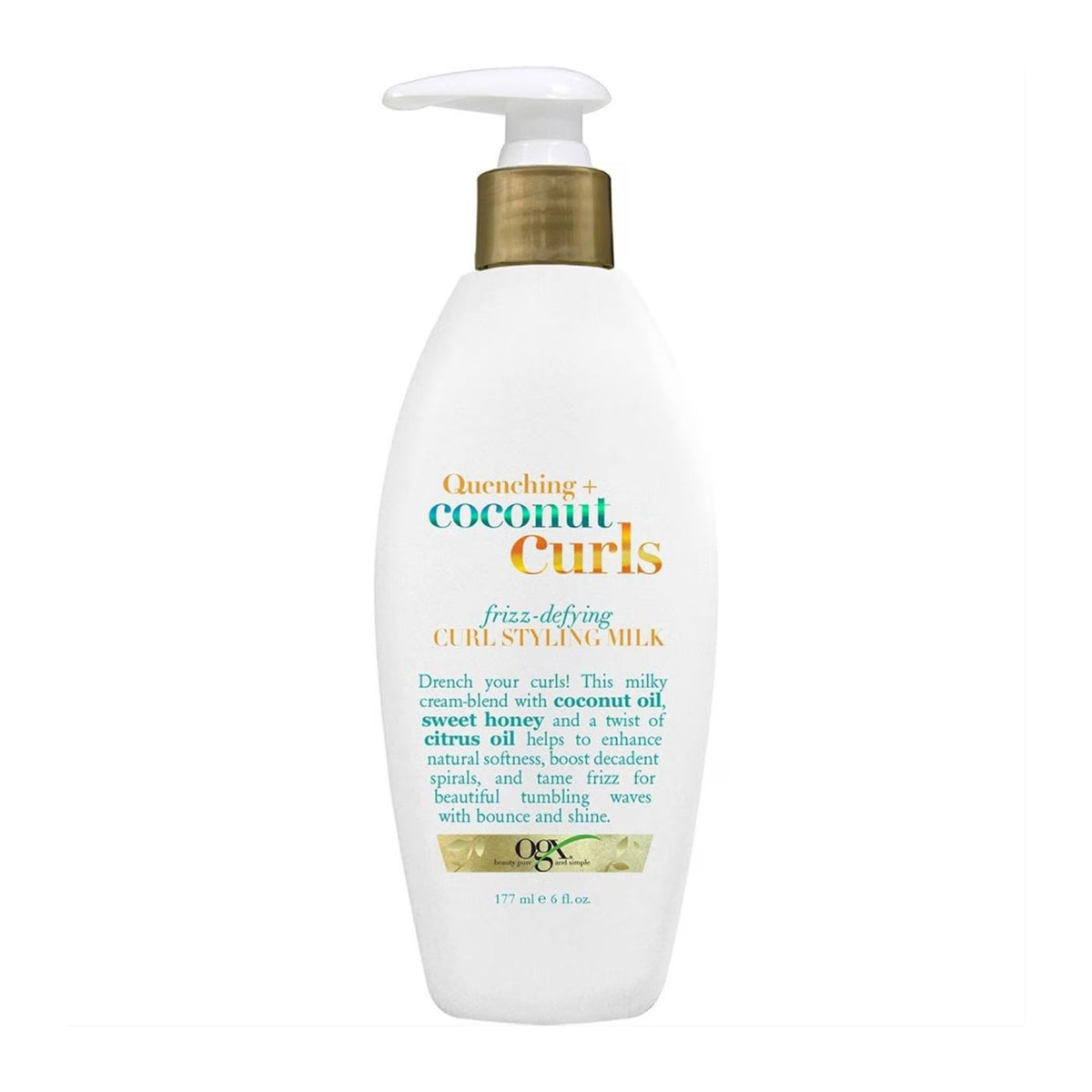 OGX Coconut Curls styling milk bottle on a white background