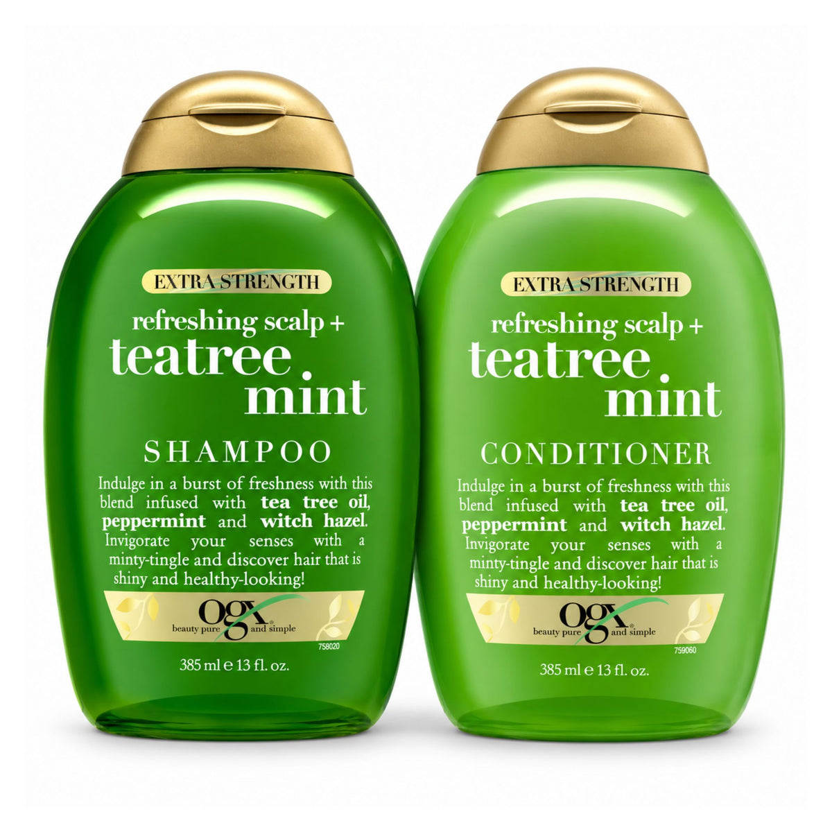 Two green OGX extra strength shampoo and conditioner bottles with gold caps on a white background.