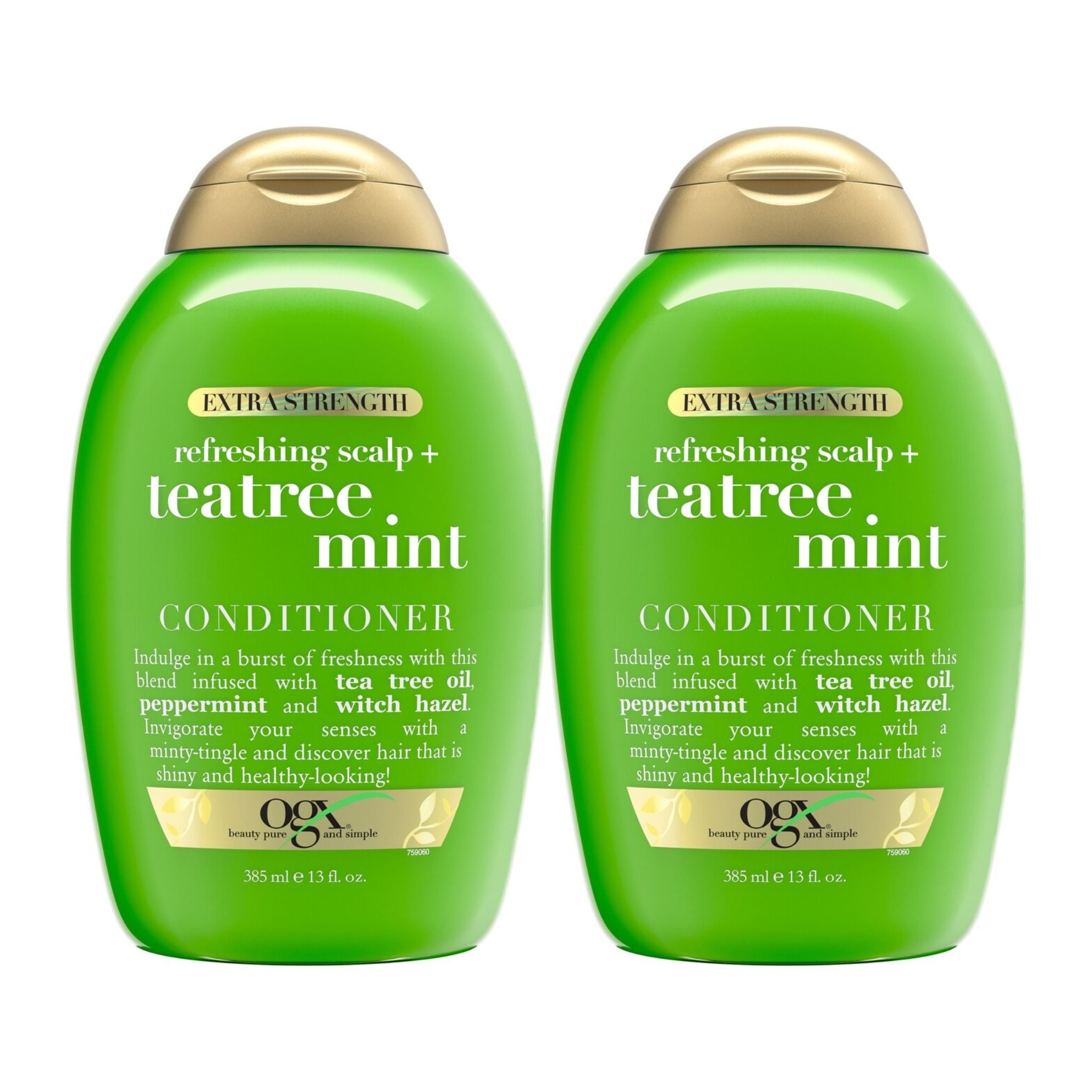 Two bottles of OGX Refreshing Scalp + Tea Tree Mint Conditioner on a white background