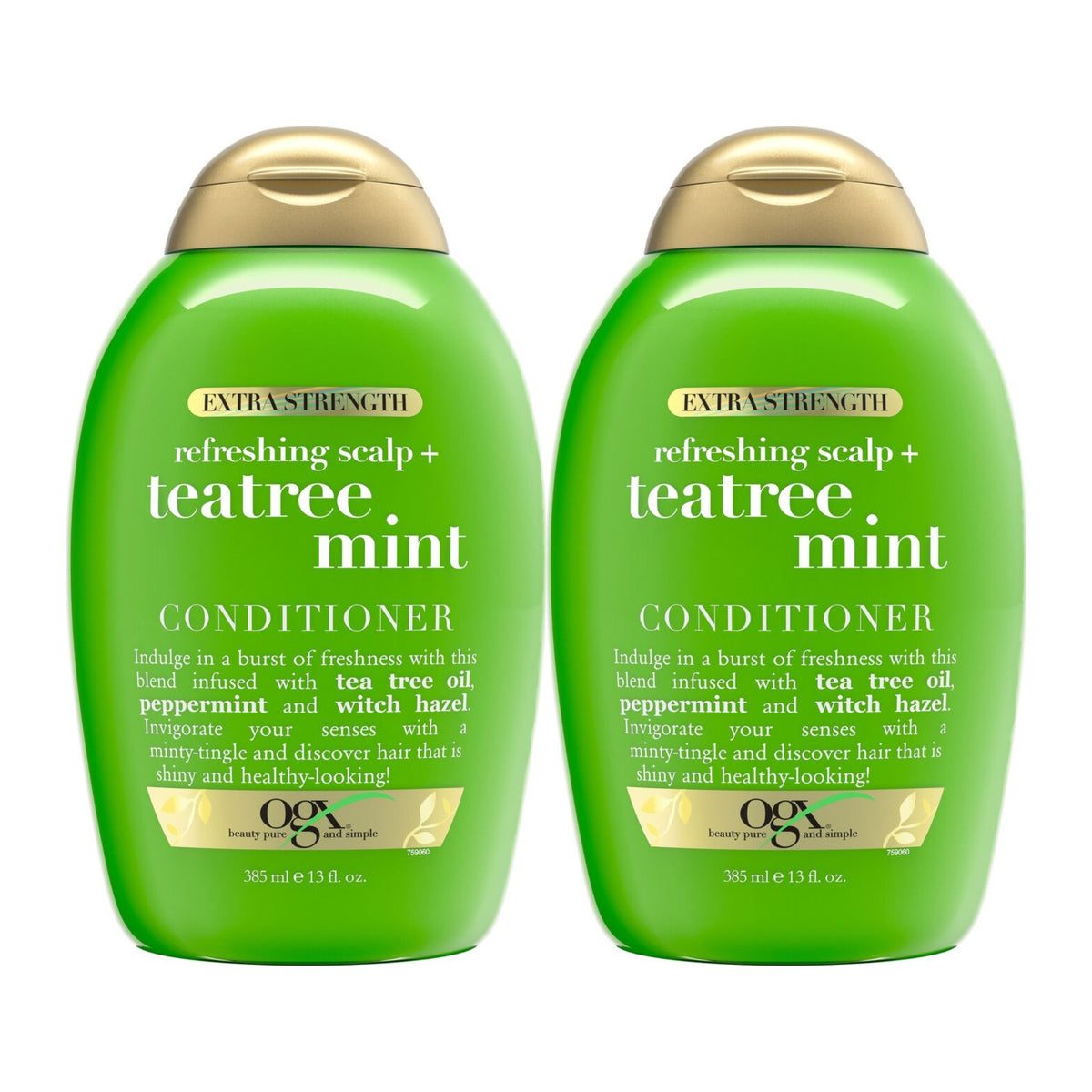 Two bottles of OGX Refreshing Scalp + Tea Tree Mint Conditioner on a white background