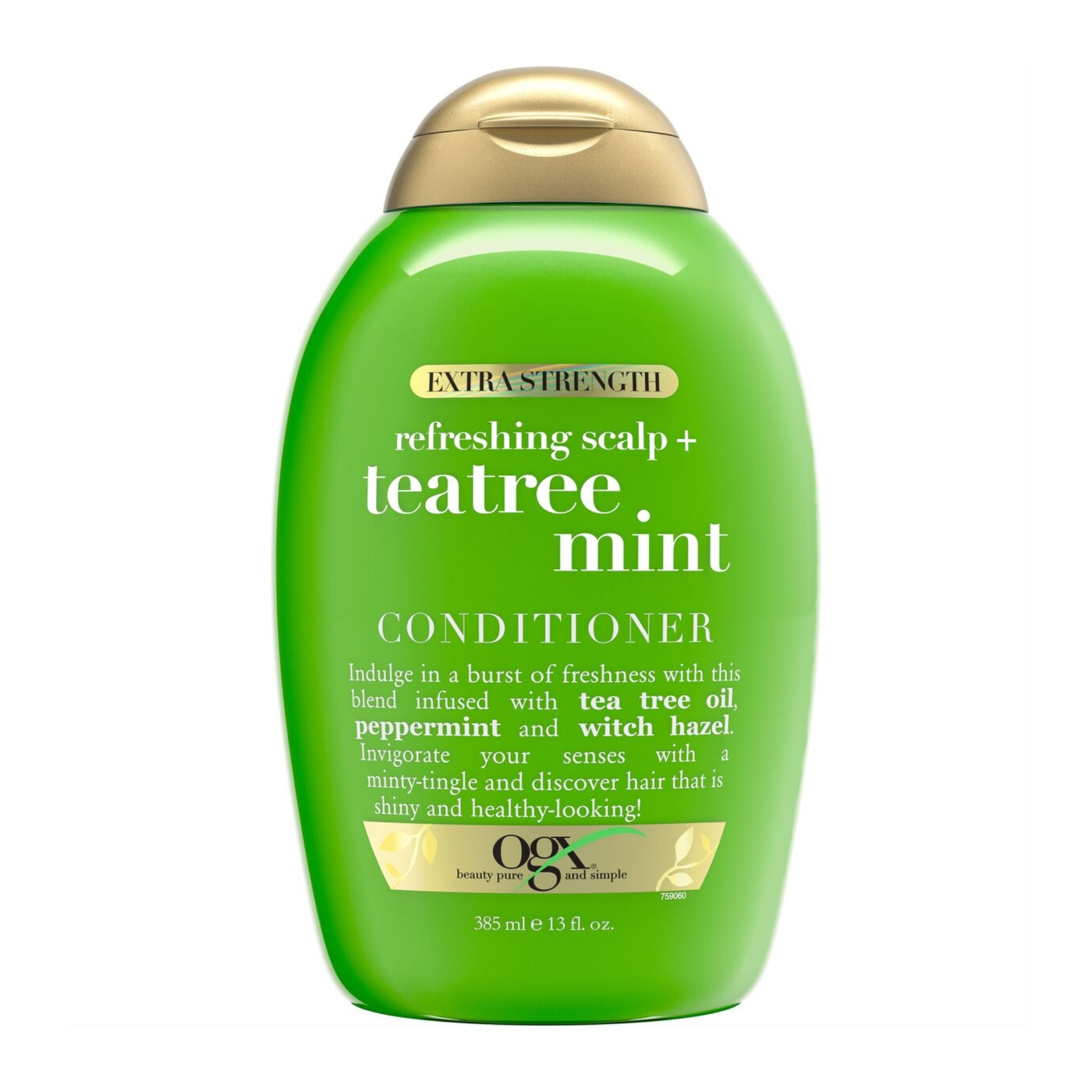 Green conditioner bottle with gold cap on a white background