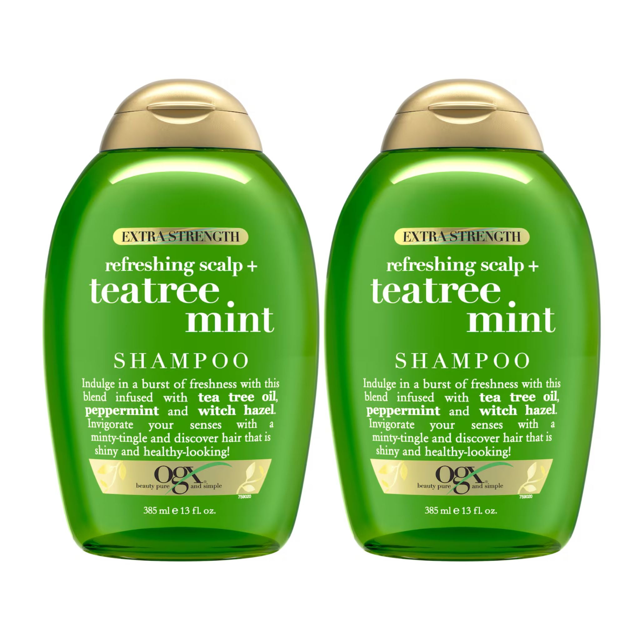Two bottles of OGX refreshing scalp + tea tree mint shampoo on a white background