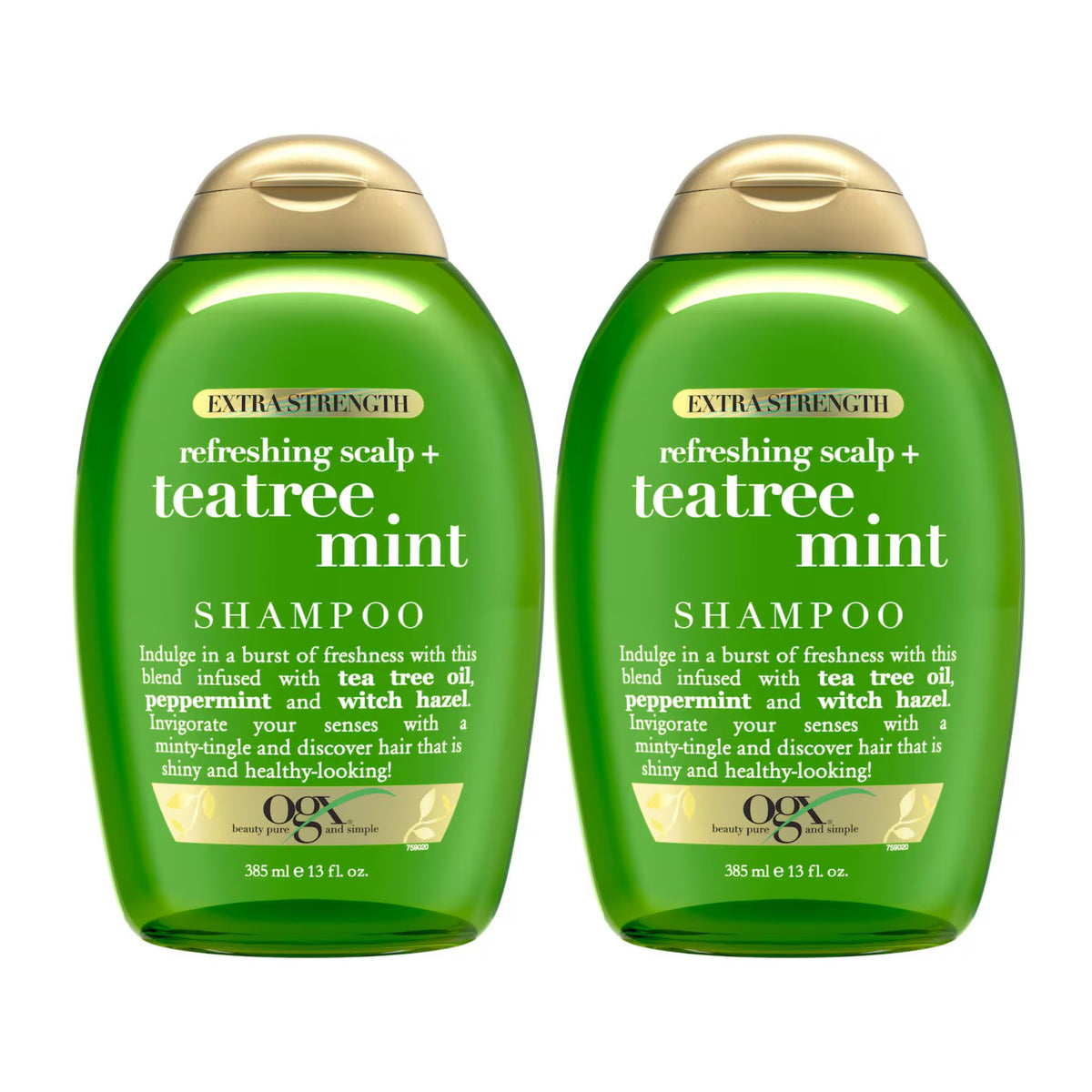 Two bottles of OGX refreshing scalp + tea tree mint shampoo on a white background