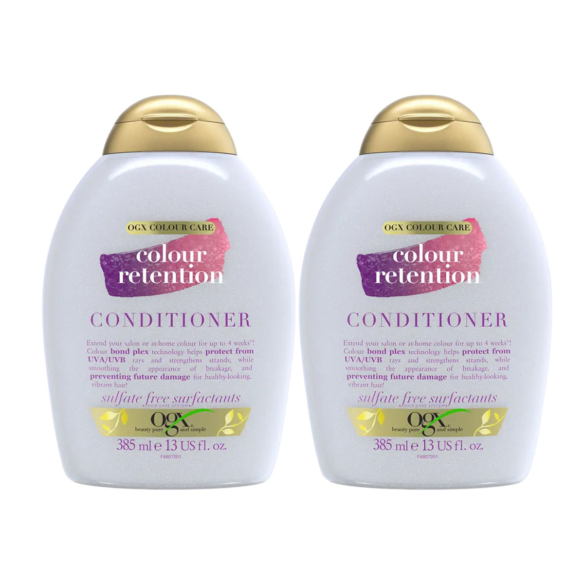 Two bottles of OGX Colour Care Colour Retention Conditioner on a white background