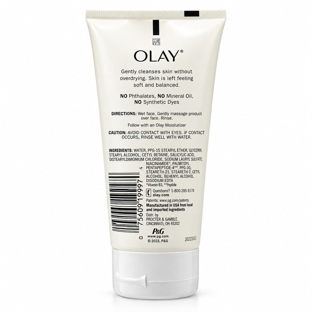 Back view of a 150mL tube of Olay Balancing Cream Cleanser showing product details and directions   