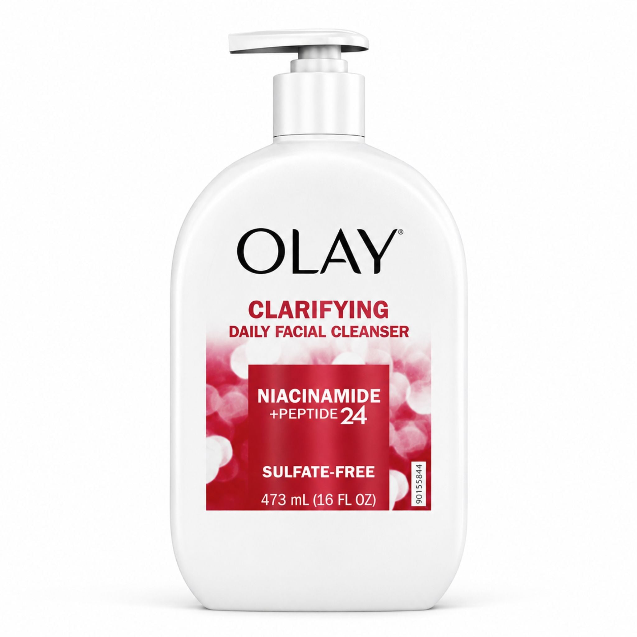 A white pump bottle of Olay Clarifying Daily Facial Cleanser with a red and white label, shown on a clean white background.