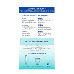 Product packaging with hydration boost features and expected results for dehydrated skin.