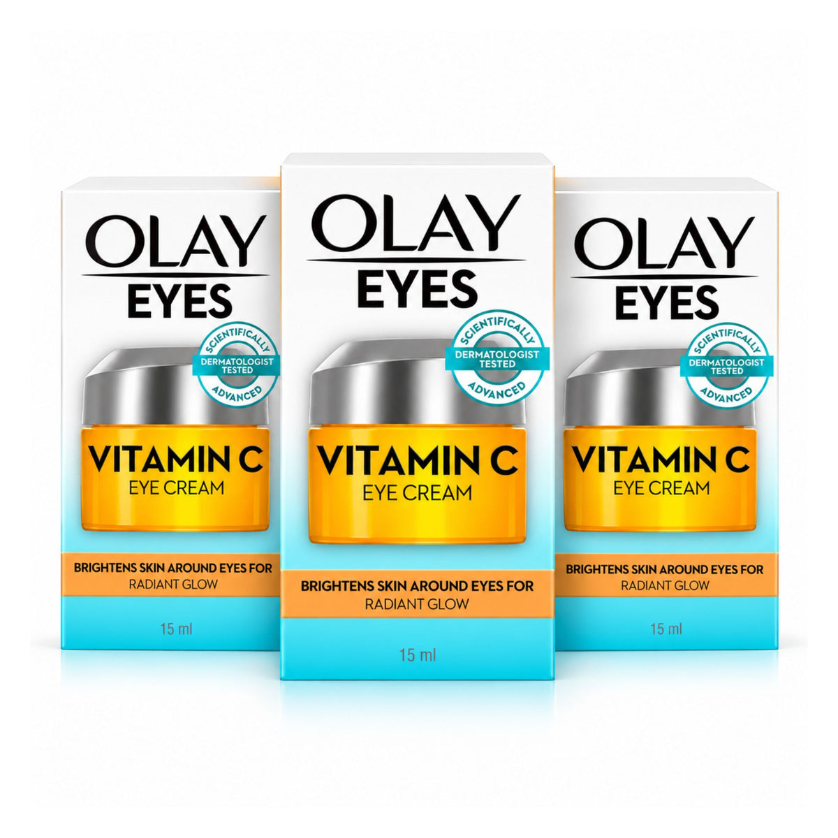 Three Olay Eyes Vitamin C Eye Cream 15 ml boxes arranged in a row on a white background.