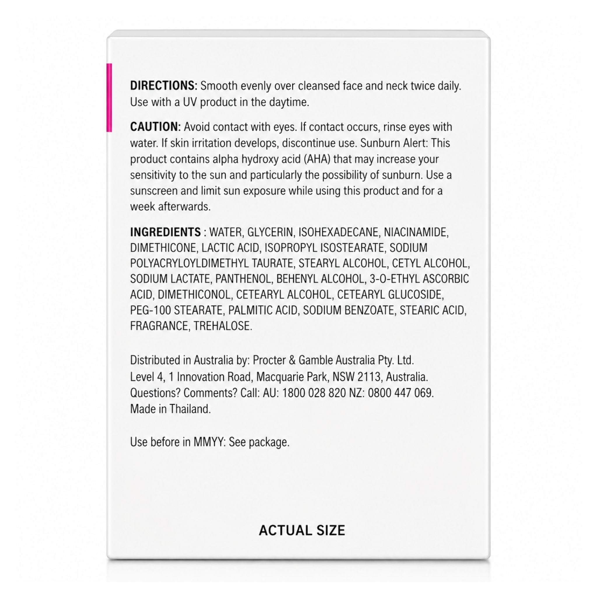 A white rectangular card with black text showing directions, caution, ingredients, and actual size information for a skincare product. A small pink vertical stripe appears on the left edge of the card.