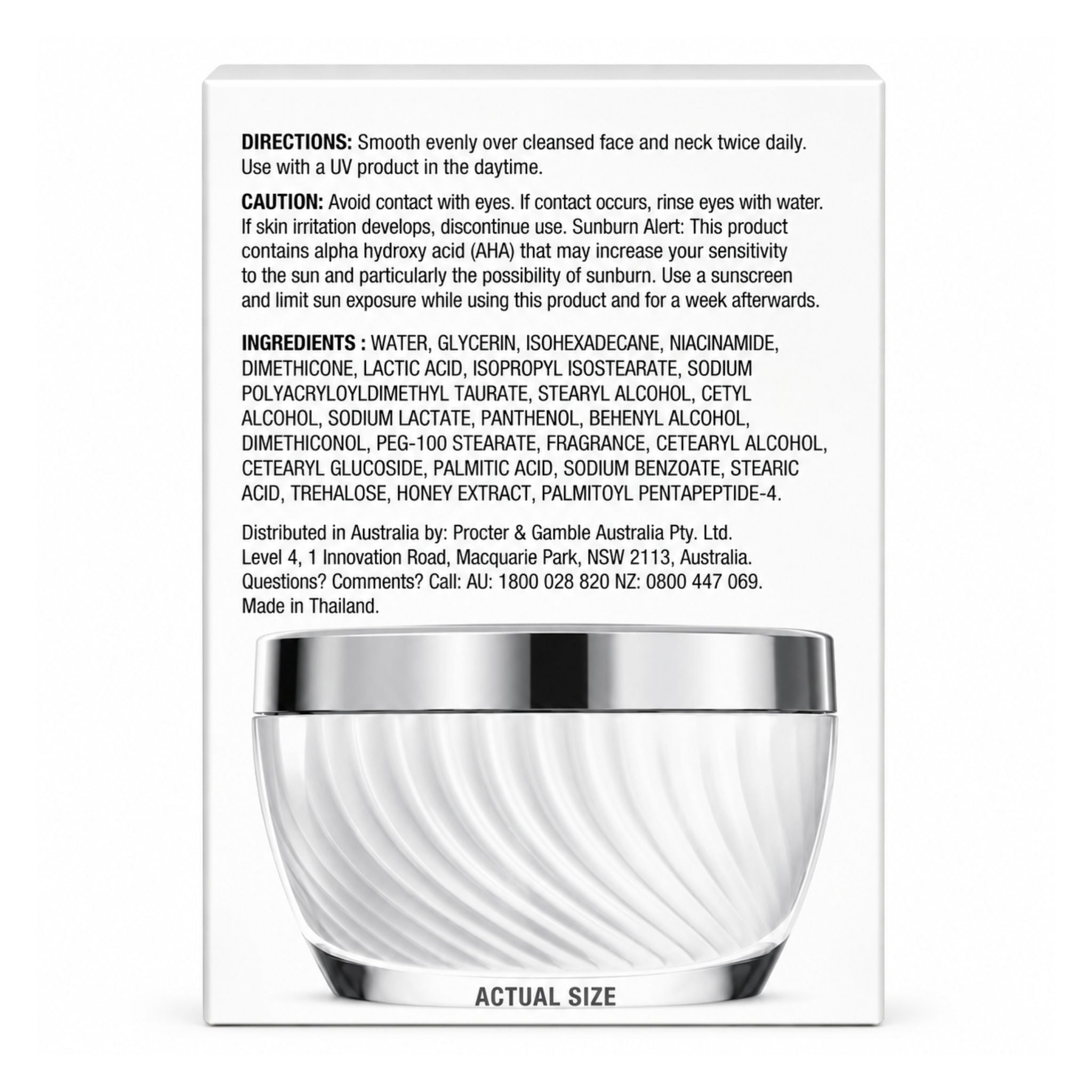 A white rectangular product box shown against a black background, with printed directions, caution, ingredients, and distribution details on the front. A silver metallic cylindrical container is visible at the bottom of the box, and text at the bottom reads 'ACTUAL SIZE'.
