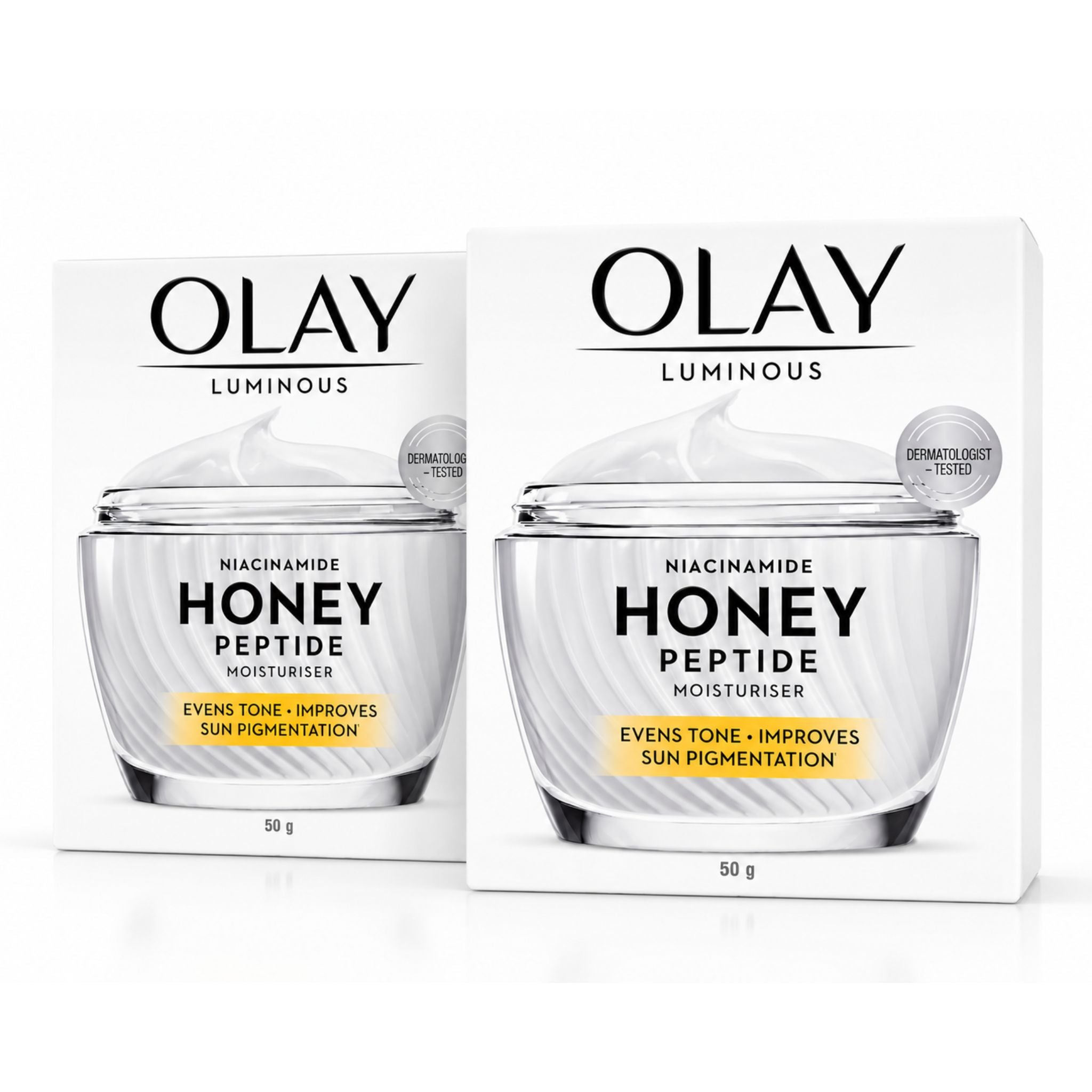 Two Olay Luminous Niacinamide + AHA Moisturiser 50 g boxes shown on a clean white background, with one box in front and one behind it.