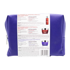 Purple cosmetic bag with Olay product packaging on a white background