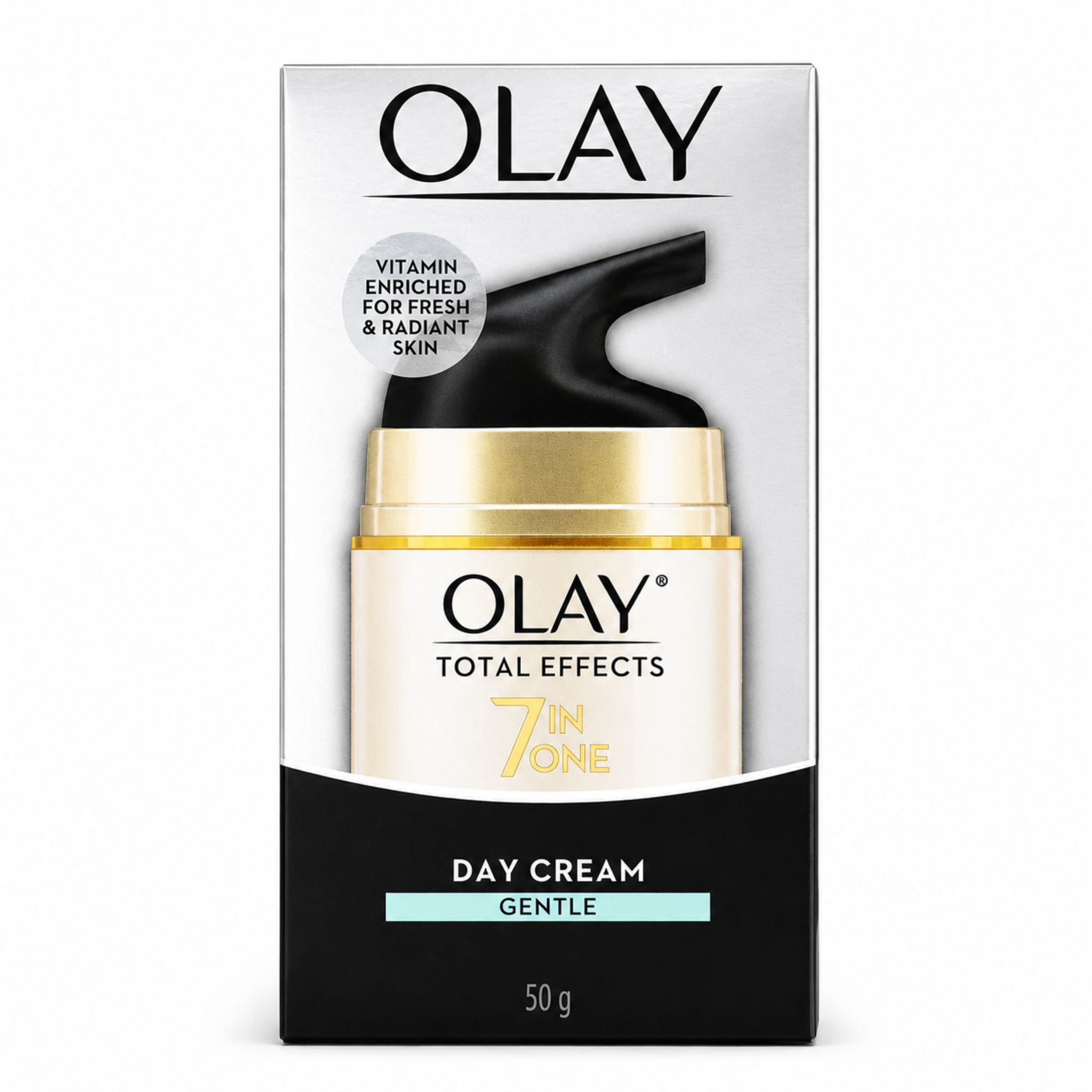 Olay Total Effects 7 in One Day Cream Gentle 50g box, featuring a black and white design with a gold pump illustration and a light blue accent stripe.