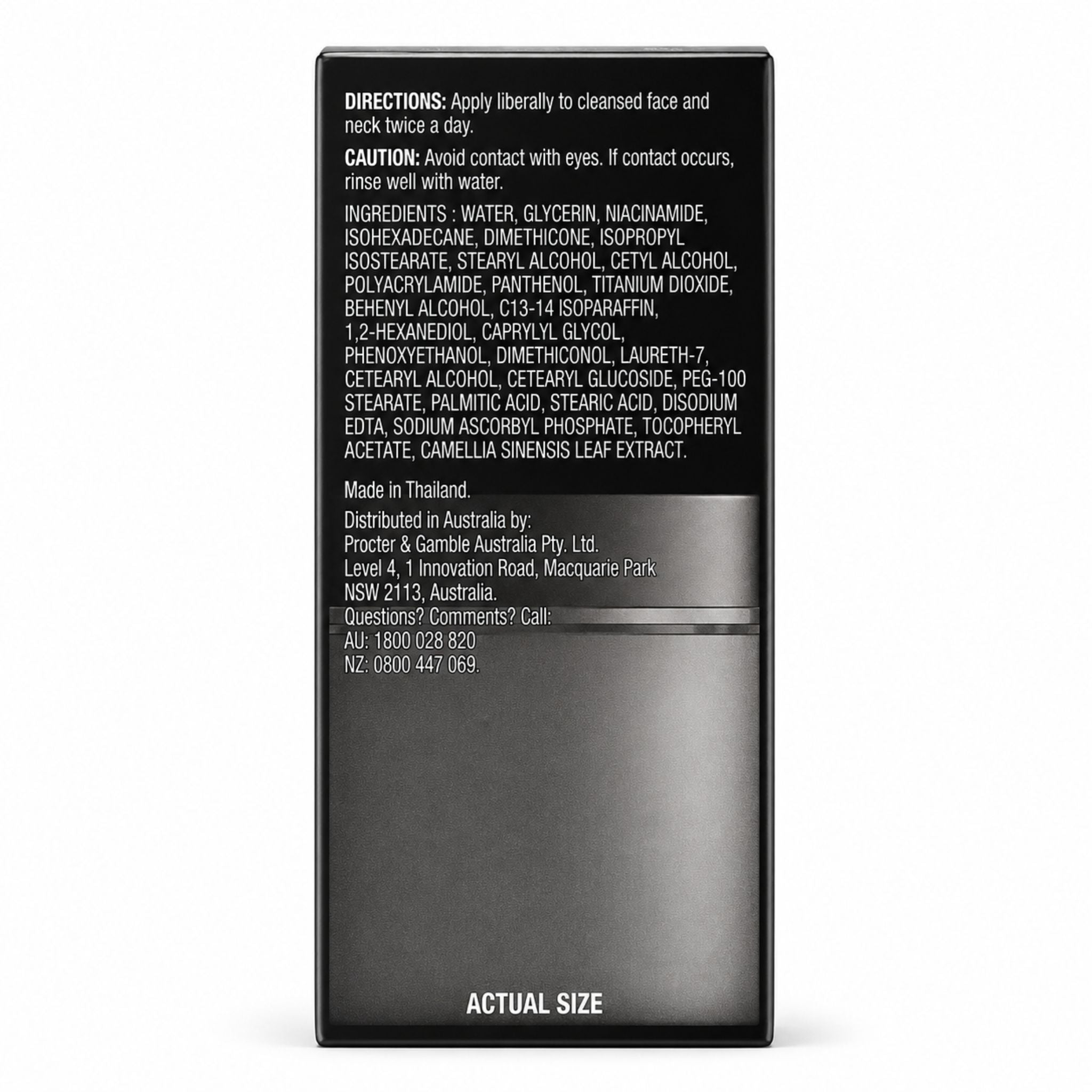A tall, narrow black rectangular box with white printed text showing product directions, ingredients, and distributor details, plus 'ACTUAL SIZE' at the bottom, photographed on a light gray background.