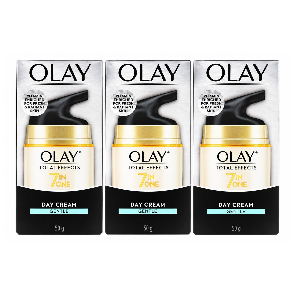 Three Olay Total Effects 7-in-One Day Cream Gentle 50g jars in their retail packaging, arranged side-by-side on a white background.