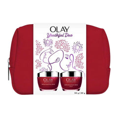 Olay Youthful Duo set with two cream jars and a red pouch on a white background