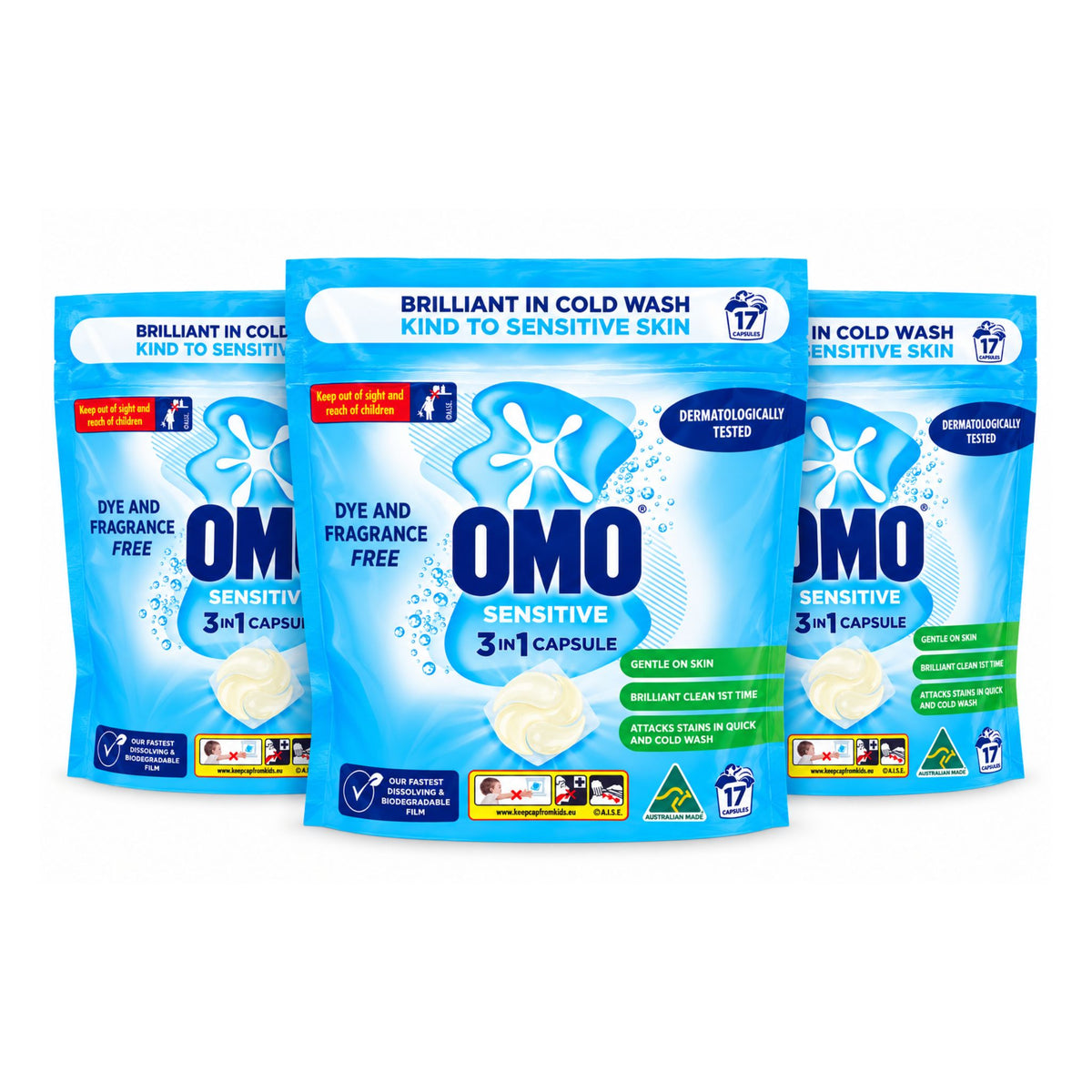 Two pouches of OMO Sensitive 3 in 1 Laundry Capsules 17 Count side by side