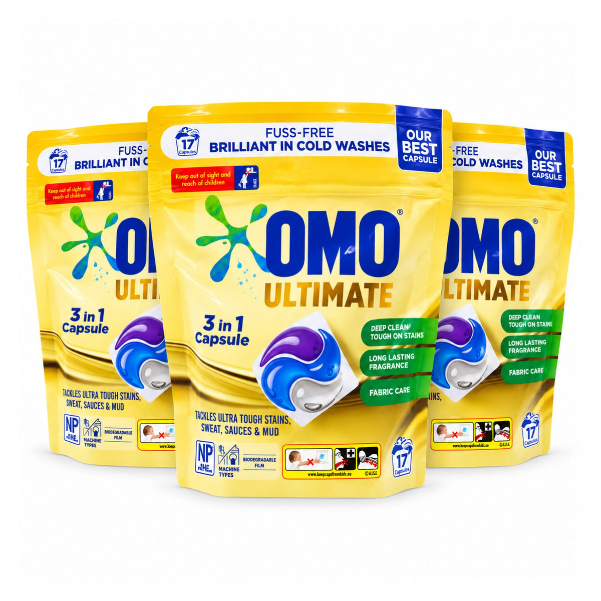 Three yellow OMO Ultimate detergent pods pouches arranged in a fan shape on a white background.