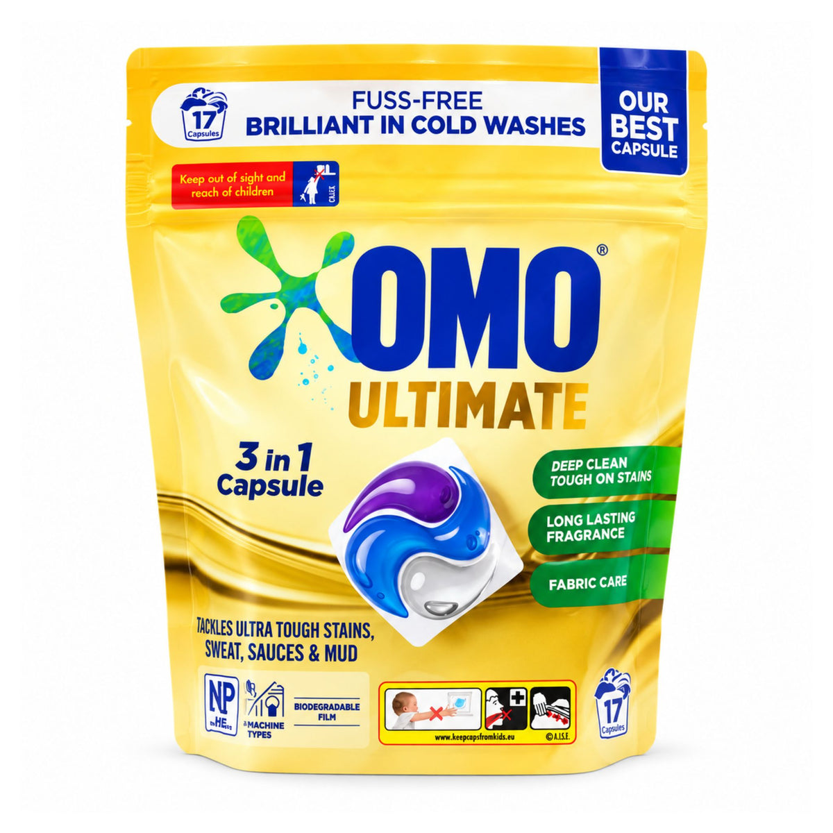 A yellow Omo Ultimate 3-in-1 capsule laundry detergent pouch on a white background. The packaging features the blue and green Omo logo, a graphic of a blue and purple capsule, and text highlighting its brilliant cold wash performance and fabric care function.