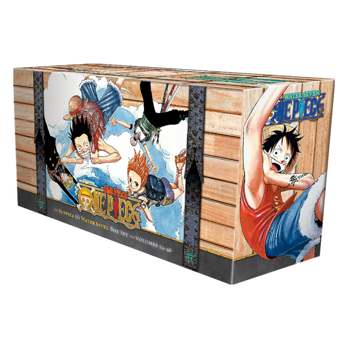 A boxed set of The One Piece manga volumes, shown at an angle on a plain white background. The packaging features colorful anime artwork with the One Piece logo and character illustrations on the front and side panels.