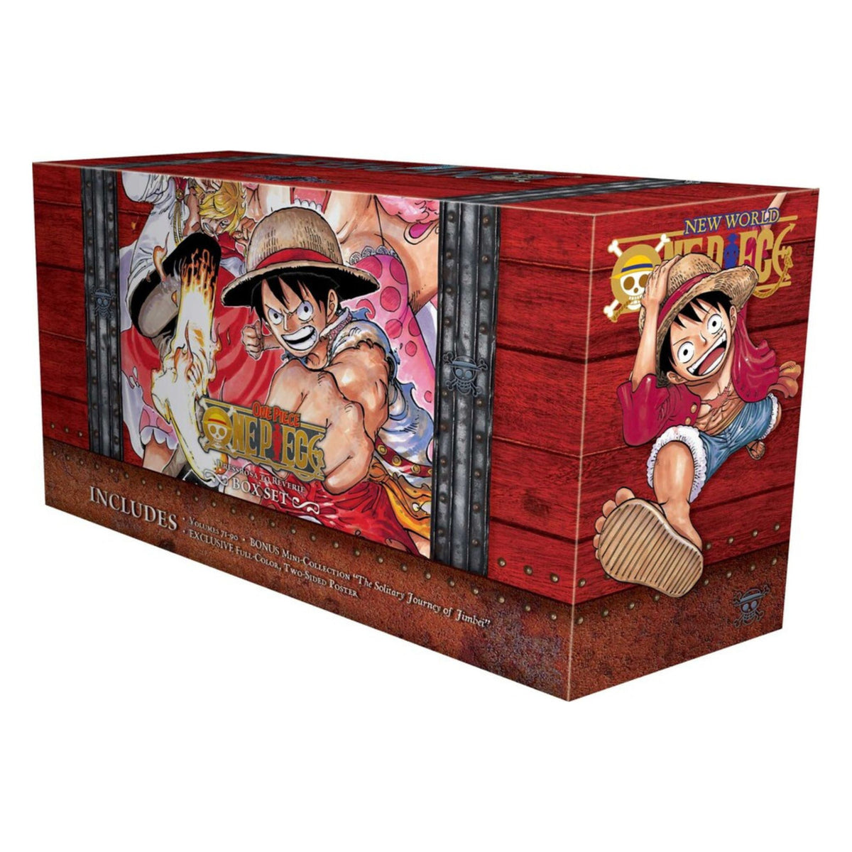 A boxed anime collectible set for New World: One Piece, featuring artwork of the character Luffy on a red wooden crate-style box design, shown on a plain white background.