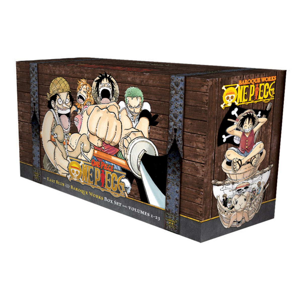 Box set of 'One Piece' manga volumes with character illustrations on a white background