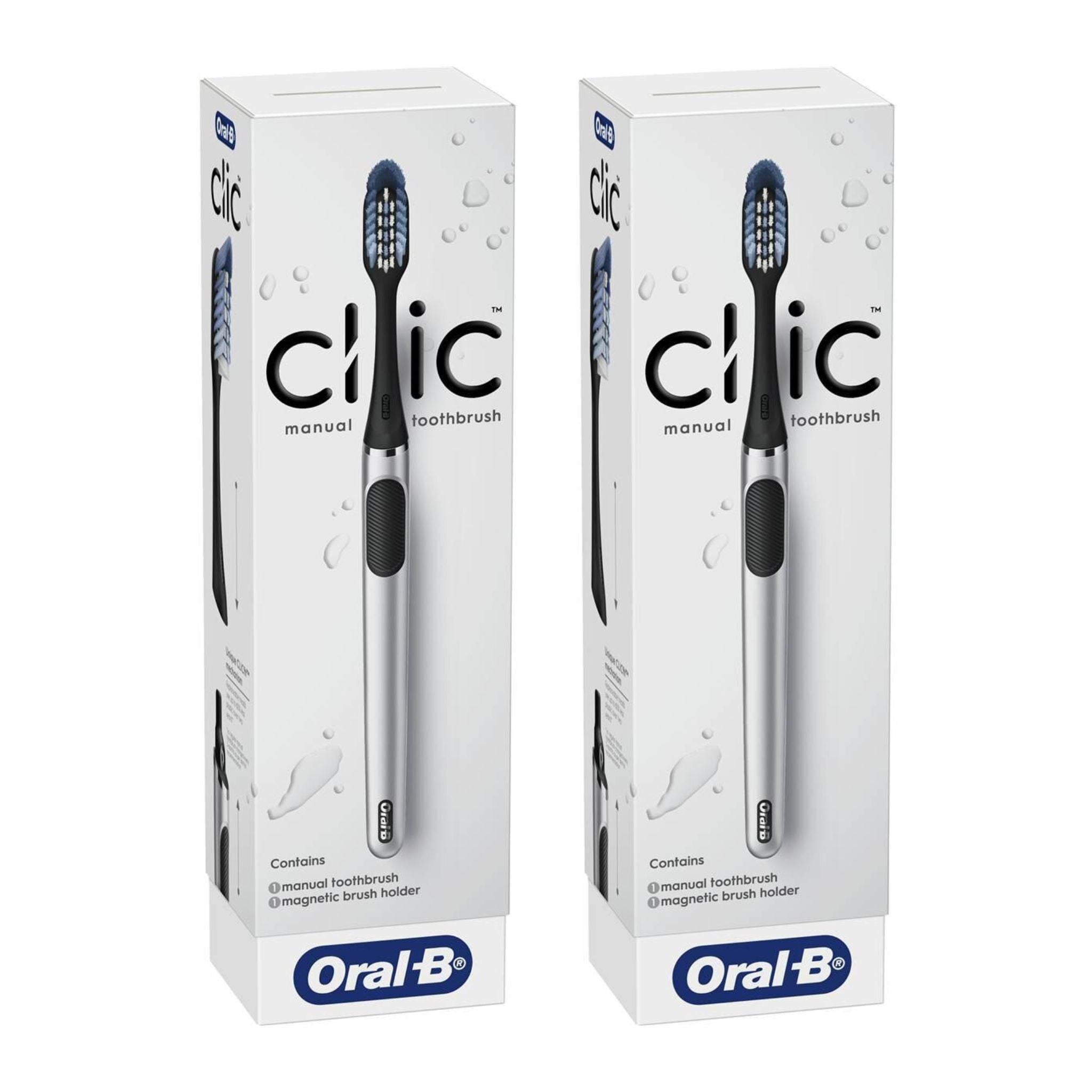 Two boxes of Oral-B Clic manual toothbrushes on a white background