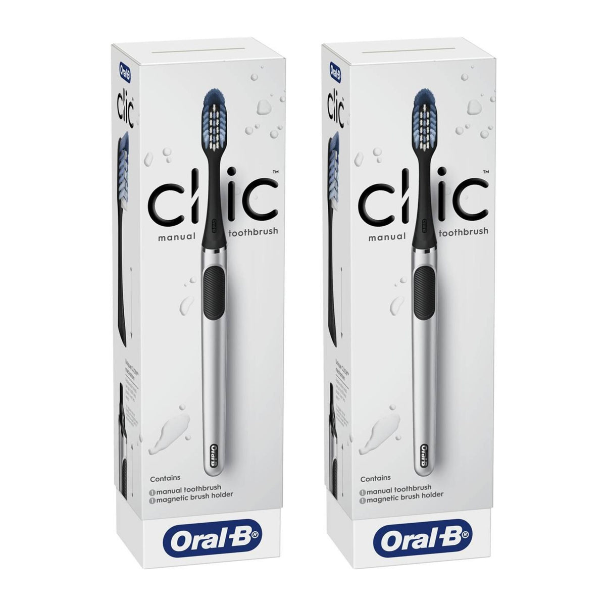 Two boxes of Oral-B Clic manual toothbrushes on a white background