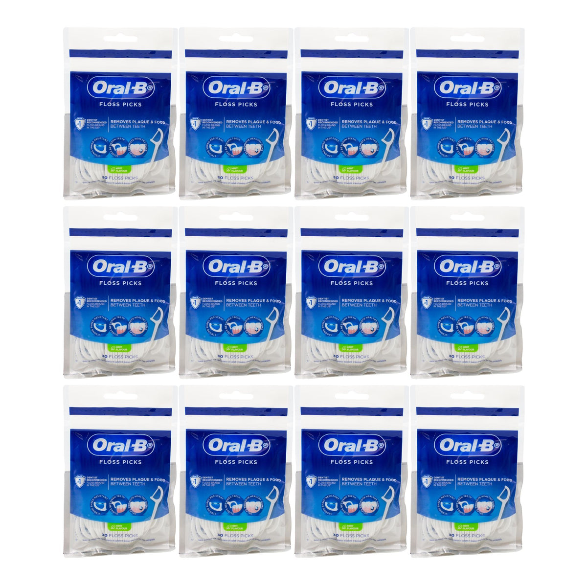 Multiple packages of Oral-B floss picks on a white background