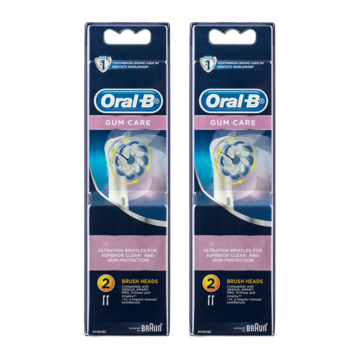 Two packages of Oral-B Gum Care toothbrush heads on a white background