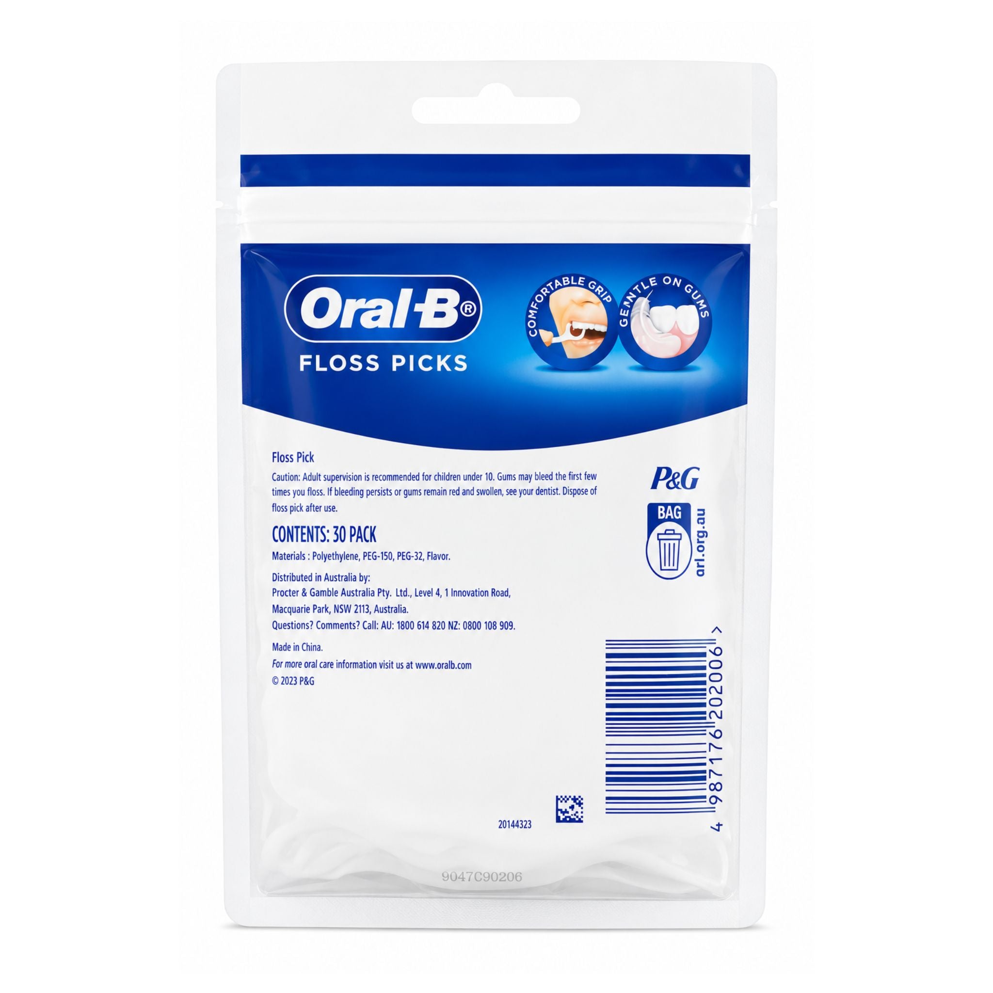 Pack of Oral-B floss picks with branding and product details on a white background