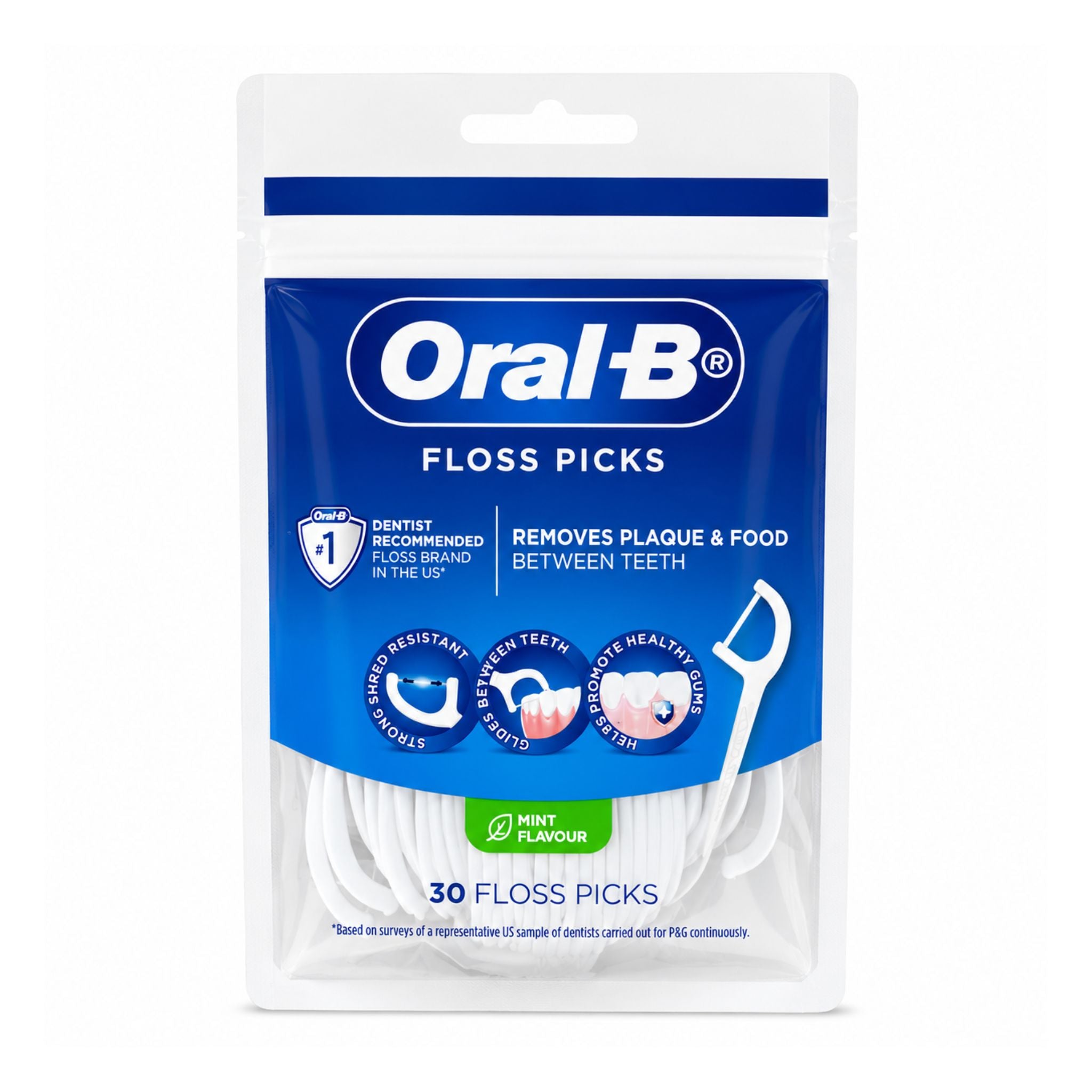 Pack of Oral-B floss picks with branding and product details on a white background