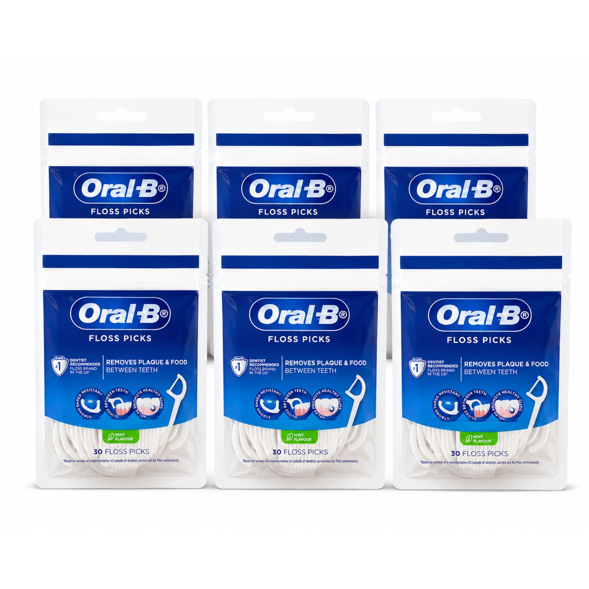 Multiple packages of Oral-B floss picks on a white background