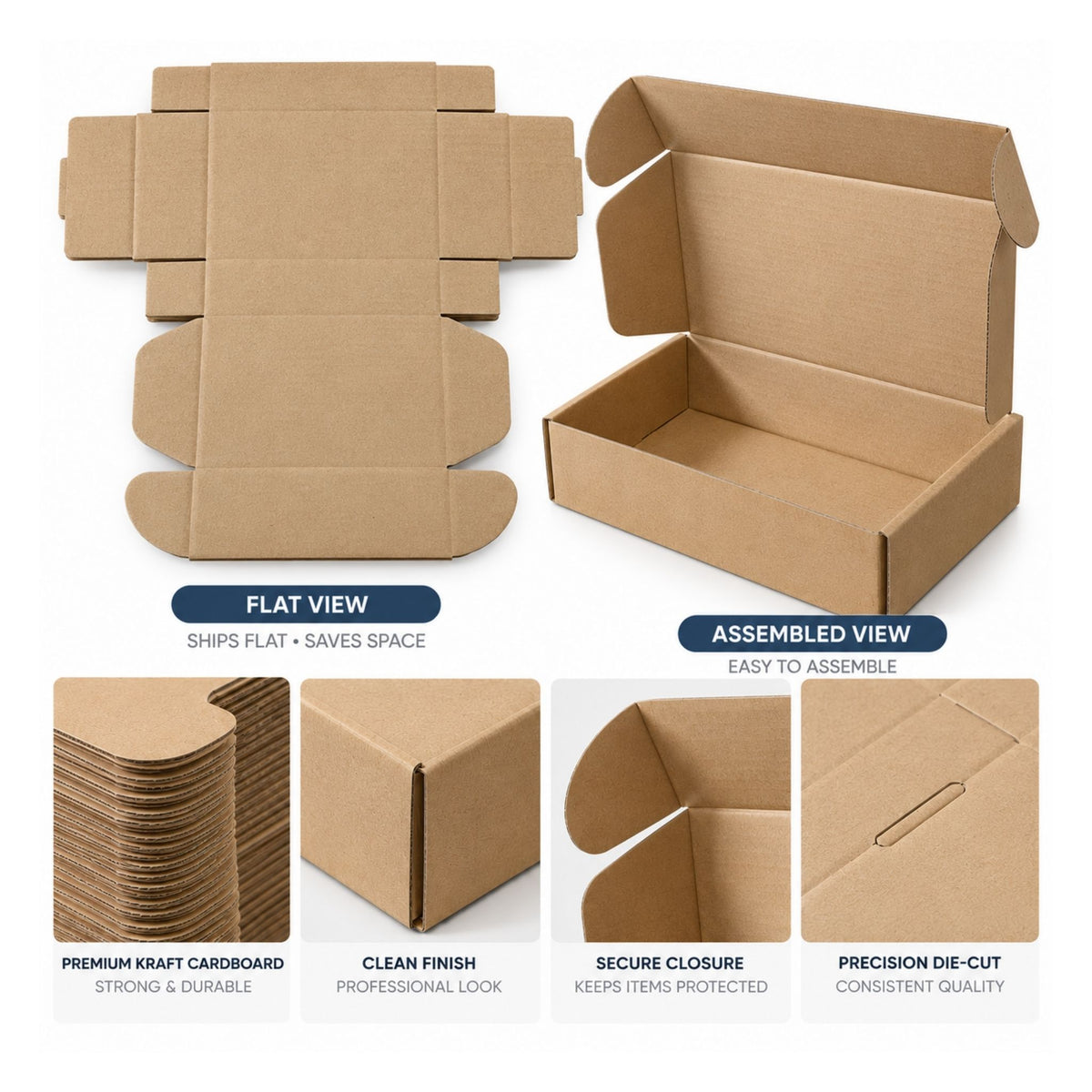 A product infographic showing a brown kraft cardboard shipping box in both flat and assembled states, with four feature callouts at the bottom: premium kraft cardstock, clean finish, secure closure, and precision die-cut.