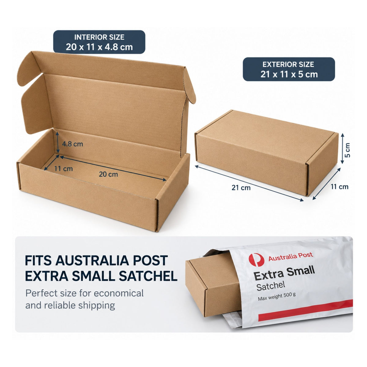 A brown cardboard shipping box shown open and closed with labeled dimensions: interior 20 x 11 x 4.8 cm and exterior 21 x 11 x 5 cm.